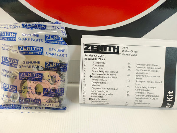 SU Zenith ZRK7 34VN Single Carburettor Rebuild Kit (Volvo Amazon B16A)
