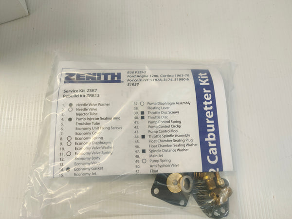 SU Zenith ZSK7 30PSEI Single Carburettor Service Kit (Ford Anglia, Cortina 1200)
