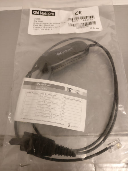 GN Netcom GN1200 0.5m Straight Cord QD-Modular Plug Smart Cord 88001-99